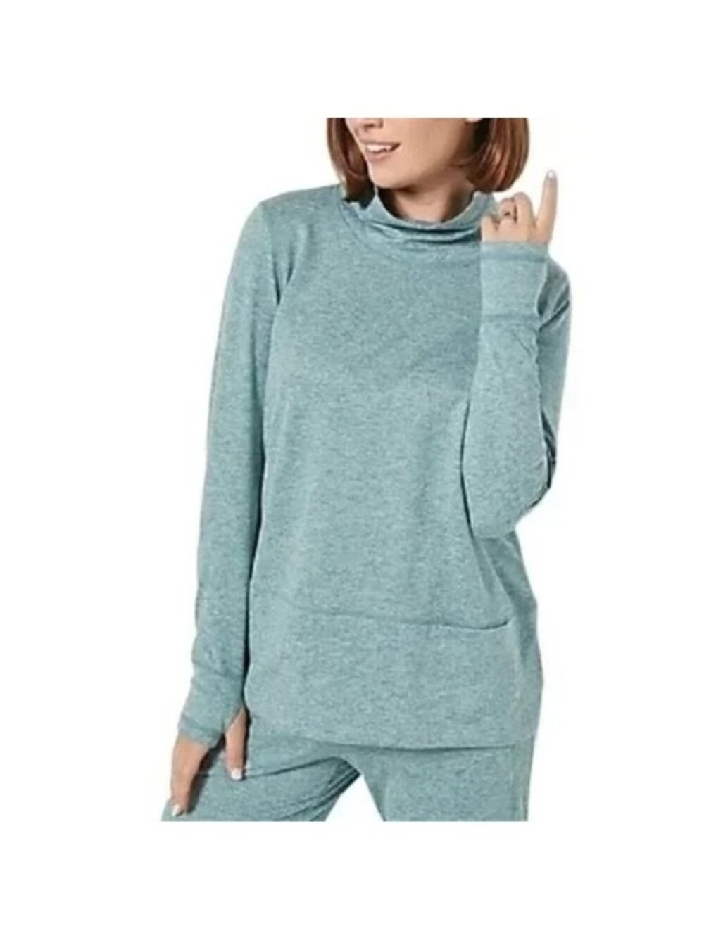 Susan Graver Top Small SG Sport Regular Heather Knit Funnel Neck Mystic Jade NEW